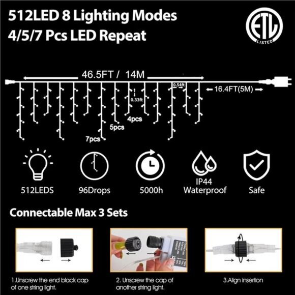 Halloween Icicle Lights Outdoor, 512 LED 46.5 FT 8 Lighting Modes - Picture 5 of 7